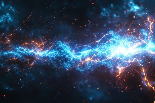 Stunning display of electric blue and orange lightning bolts across a dark cosmic background