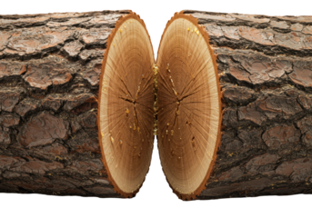 Massive freshly cut oak log, split revealing gnarled bark, intricate moist wood grain, glistening sap, and sawdust on a seamless transparent background. Organic beauty concept