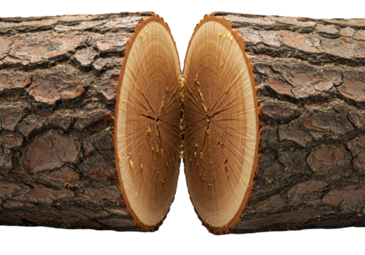 Massive freshly cut oak log, split revealing gnarled bark, intricate moist wood grain, glistening sap, and sawdust on a seamless transparent background. Organic beauty concept