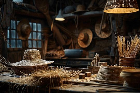 Rustic straw hat making workshop with tools, straw, and finished crafts displayed