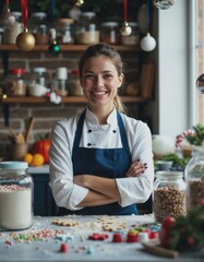 Christmas baker smiling beside a festive preparation area filled with ingredients