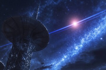 Exploration of deep space through a communication tower under a starry night sky