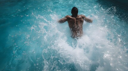 A man with a muscular back dives into a clear blue swimming pool creating a large energetic splash