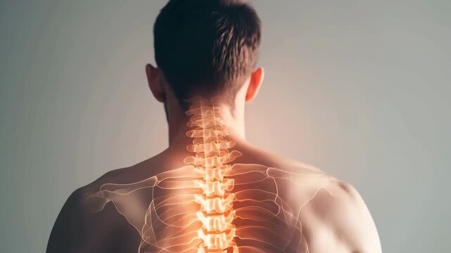Spine on man's back and neck, indication of back pain. Spine is illuminated with red glow. Improper posture, spinal curvature and osteochondrosis. 
