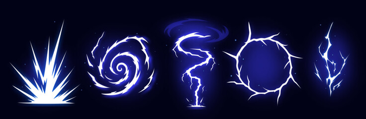 Manga thunder effect builds comic lightening bolt lightning vector art. Manga thunder crack forms circle or spiral bg. Power strike sprite for game, magic attack, digital flare or storm burst. © Rina Antipina
