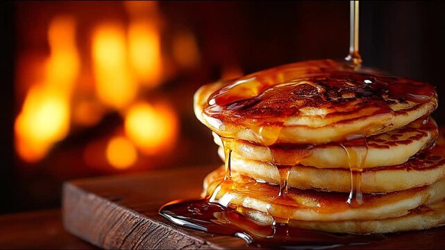 Stack of pancakes with pouring syrup and fireplace background