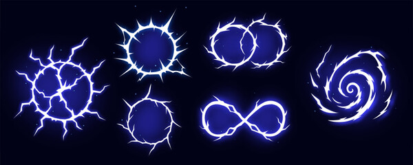 Manga thunder effect arranges comic bolt lightning vector crack. Manga thunder circle and infinity bg template fit storm strike. Digital vfx asset for game burst, cartoon frame or power attack.