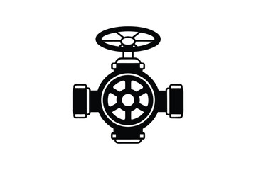 Detailed industrial valve illustration with a central wheel and pipe connections silhouette