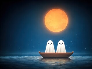 Children's Book Illustration-Style Halloween Ghosts in Love: Two Cute Little Ghosts in Same Sea Boat Under Moonlight (Full Color, Light & Shadow)