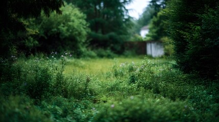 Overgrown garden with lush green foliage and small wild flowers in natural light