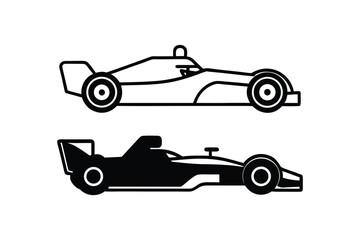 Two formula one racing cars in black and white detailed silhouette