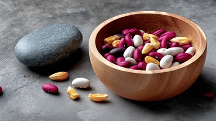 Wooden bowl filled with colorful kidney beans accompanied by a smooth gray stone composition