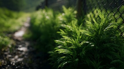 Fototapeta premium Lush green foliage grows vibrantly along a rustic chain link fence beside a blurred path