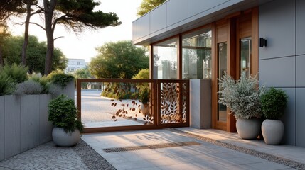 Elegant modern home exterior with decorative metal gate and potted plants near the entrance