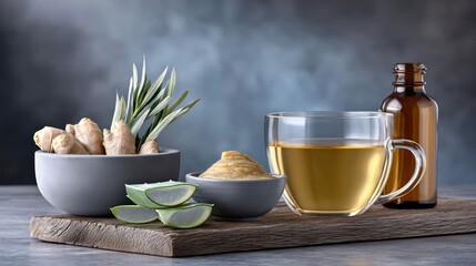 Still life showcasing ginger aloe vera and turmeric tea for wellness and healthy living
