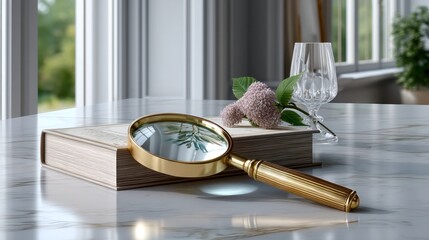 Still life composition featuring a vintage book a magnifying glass and a flower arrangement