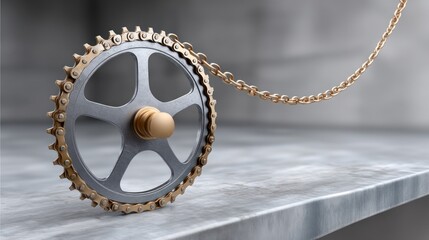 Artistic depiction of a chain and a gear wheel, symbolizing precision and industrial mechanics