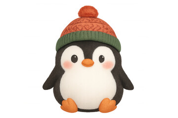 Fototapeta premium Cute cartoon penguin character wearing knitted winter hat. Adorable fuzzy animal mascot for christmas and holiday designs