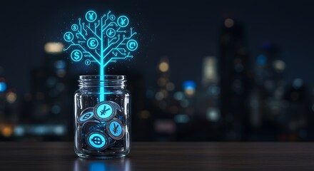 Glass jar with glowing currency symbols and circuit tree money jar financial growth