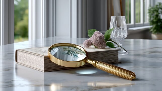 Still life composition featuring a vintage book a magnifying glass and a flower arrangement