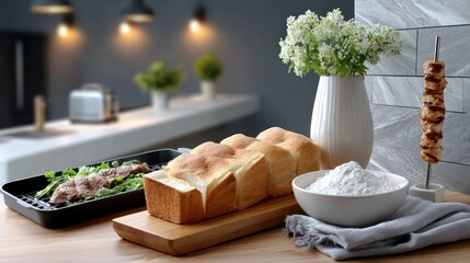 Culinary still life featuring fluffy bread, grilled meat, flowers and kitchen setting