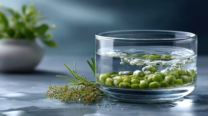 Mung bean sprouts soaking in glass of water, healthy food preparation concept photography