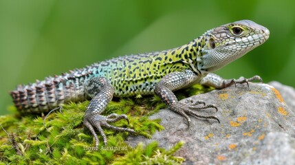 Naklejka premium Green and Yellow Lizard Resting on Mossy Rock in Natural Environment