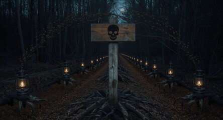 Halloween skull warning sign on eerie lantern‑lined forest path under moonlight.