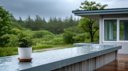 Rainy day scene: Tranquil outdoor space with plant and natural landscape views