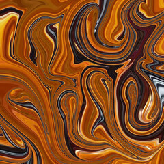 Abstract orange and black swirl art with golden undertones, evoking molten flow and dynamic energy, ideal for modern design, art projects, and decor.