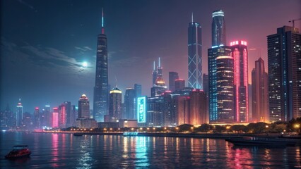 Fototapeta premium Night cityscape of chicago with skyscrapers and river in the foreground
