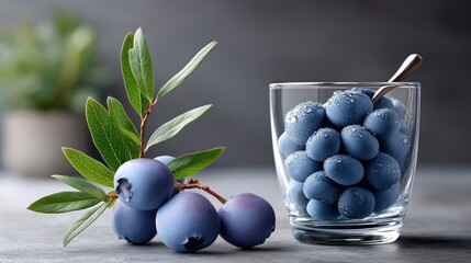 Fresh Blueberries in a Glass with Sprig Enhance Healthy Eating and Natural Beauty