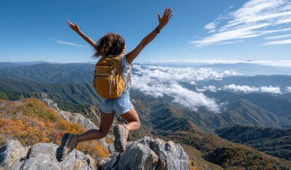 Obraz premium a person jumping for joy on top of the mountain, overlooking a beautiful scenic vista. they have their arms raised in celebration and wear hiking gear like backpacks and boots