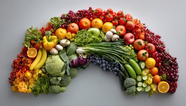 Colorful array of fruits and vegetables arranged in a rainbow shape