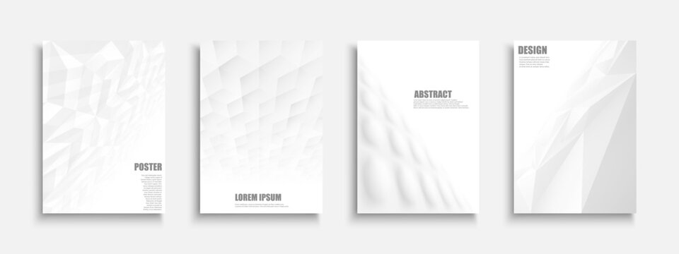 Collection of vector white polygonal futuristic templates, posters, placards, brochures, banners, flyers, backgrounds and etc. Contemporary 3d light abstract covers - geometric design