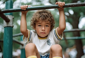 a young boy in shorts and a white shirt is hanging from the monkey bars on his school playground