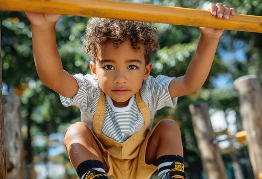 a young boy in shorts and a white shirt is hanging from the monkey bars on his school playground