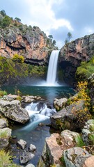 Obraz premium Tall waterfall cascading into a rocky pool, surrounded by autumnal foliage and cliffs