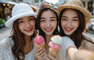 three asian women take selfie photos with ice cream in their hands, wearing white and beige , smiling happily at the camera against an outdoor street background