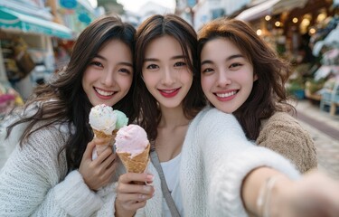 three asian women take selfie photos with ice cream in their hands, wearing white and beige , smiling happily at the camera against an outdoor street background