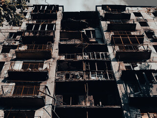 ruined street and destroyed houses in Kiev war in Ukraine