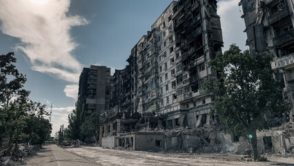 ruined street and destroyed houses in Kiev war in Ukraine