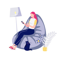 Young Woman Relaxing With Smartphone And Cat In Room Illustration
