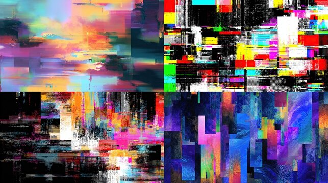 Four Digital Art Images with Pixelated Glitch Effects in Abstract Geometric Compositions