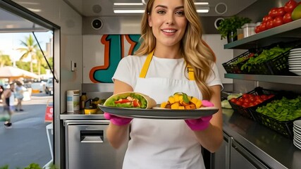 Food truck worker serves a wrap and pita meal. Fresh ingredients, healthy fast food, vegetarian options, summer food festivals, sustainable business, small business, catering, cooking demo.