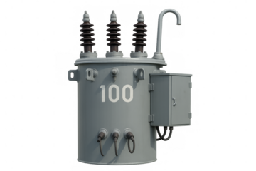 Electrical transformer generating power, isolated on transparent background