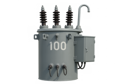 Electrical transformer generating power, isolated on transparent background