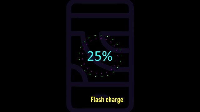 Circle battery charging animation with power icon and percentage numbers 25. Isolated on black background. Charge Level Icon. Charging Icon. Flat style. charging empty battery icon wk video