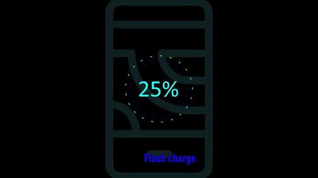 Circle battery charging animation with power icon and percentage numbers.25 Isolated on black background. Charge Level Icon. Charging Icon. Flat style. charging empty battery icon wk video