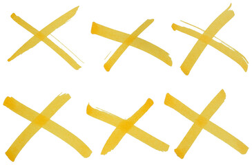 Hand drawn yellow cross marks set with marker brush strokes, abstract ink X symbols collection for wrong choice, error, cancel, rejection, doodle sketch isolated simple signs on transparent background